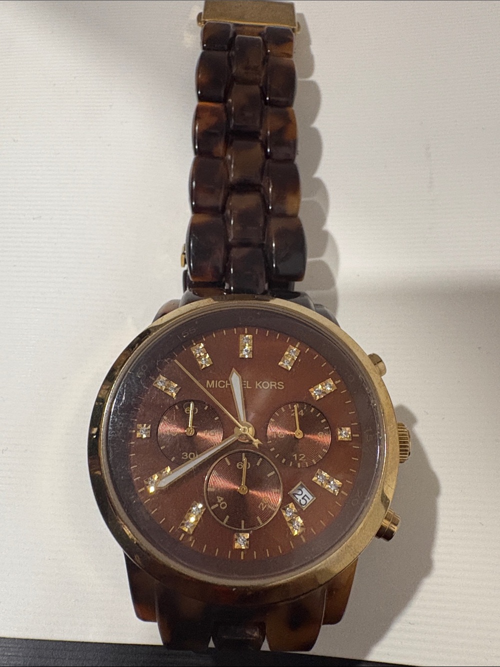 Michael Kors Brown Tortoiseshell Dial Chronograph Watch with Gold Accents